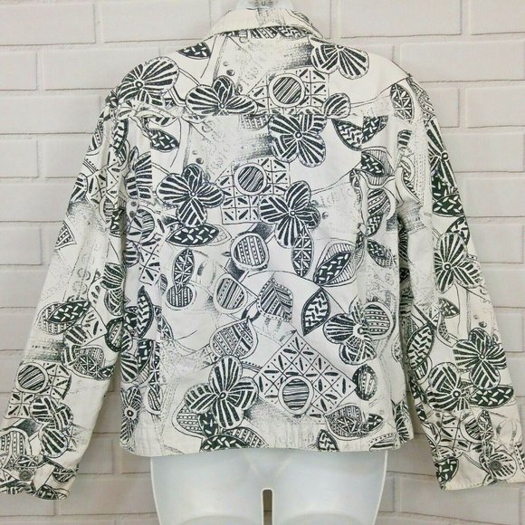 Chicos Black White Jean Jacket Denim Sequined Size 2 Abstract Floral Graphic - Picture 6 of 11